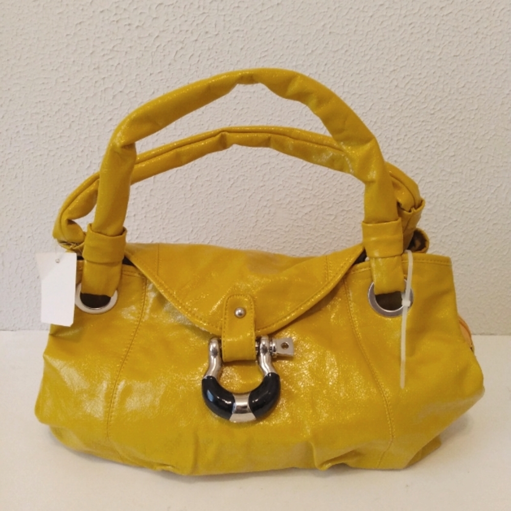 Yellow Faux Patent Leather Zip Snap Double Handle Tote Shoulder Bag